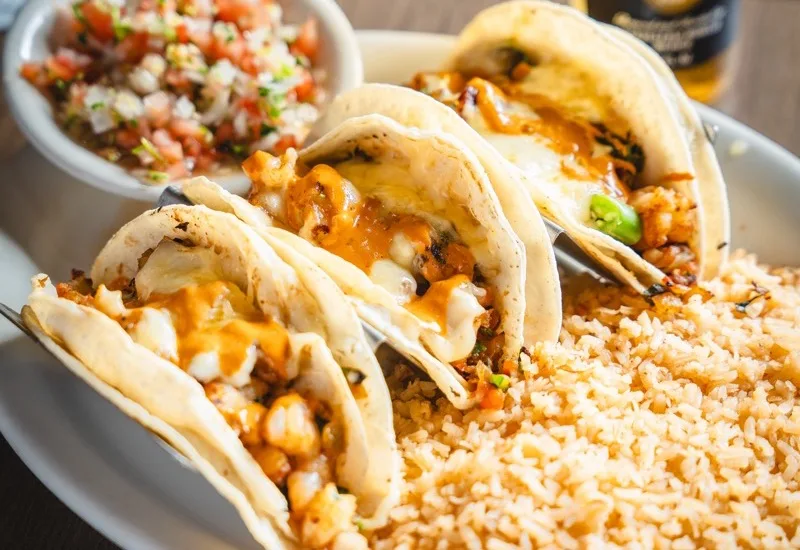 Tacos gobernador, griddled shrimp and melted cheese tacos